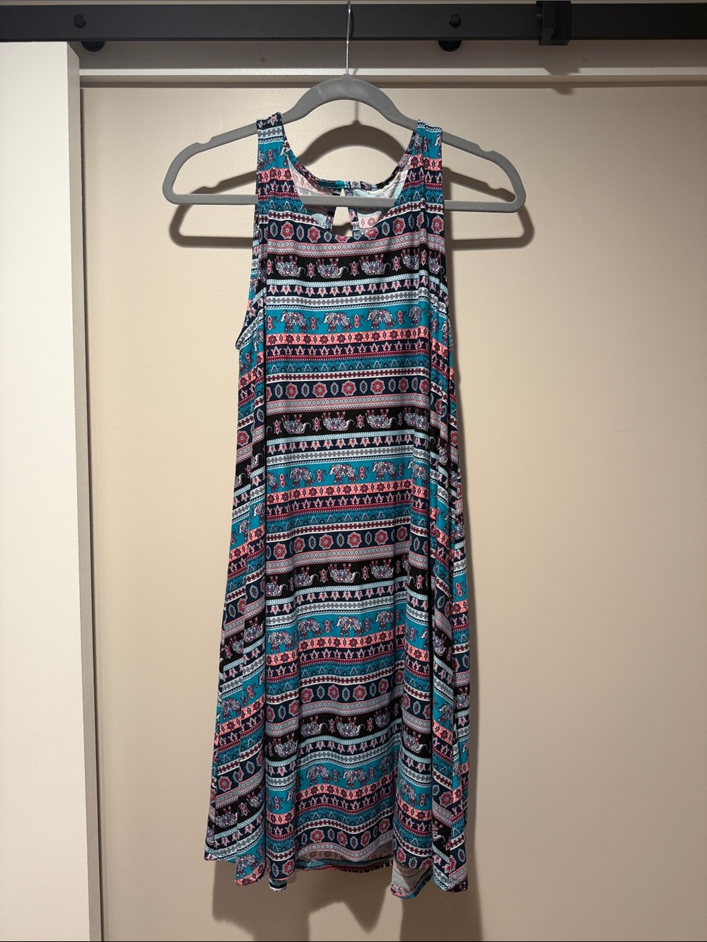 Sleeveless Teal Aztec/Elephant-Print Swing Dress